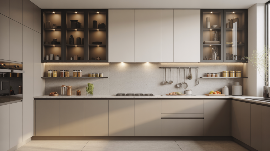 Modular kitchen units designs with lit glass crockery display cabinets