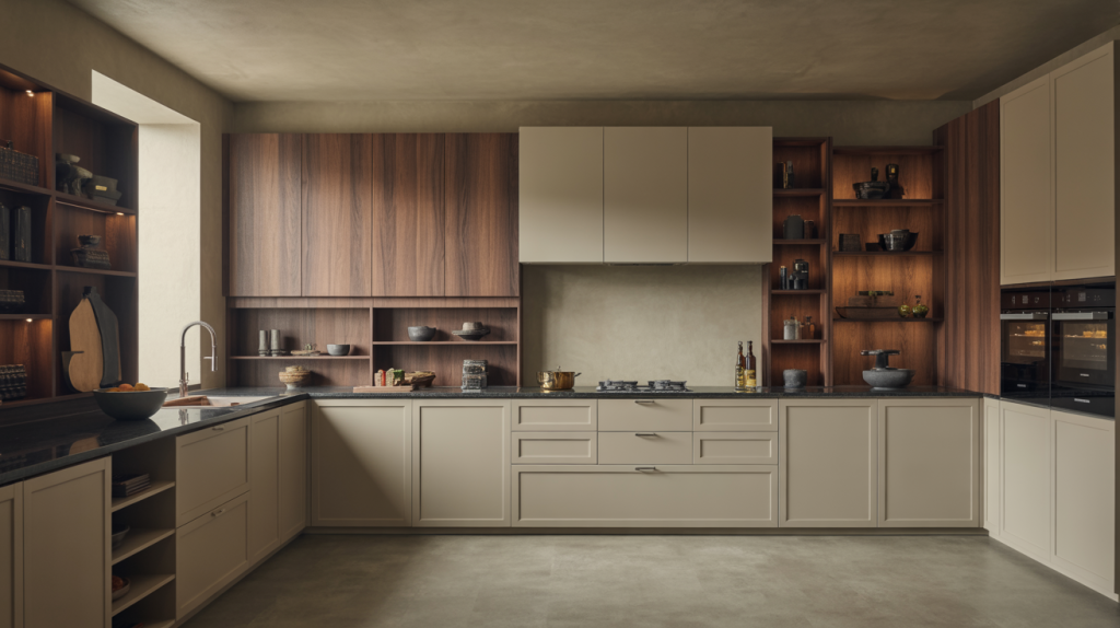 Kitchen units design featuring open shelving and built in drawers