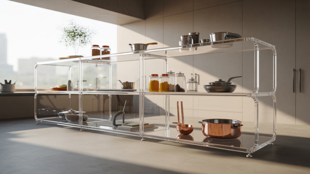 Acrylic kitchen trolley design with crystal-clear shelves and modern minimal appeal