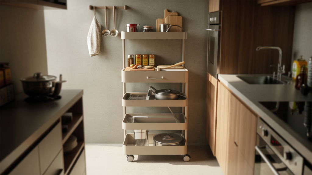 Slim small kitchen trolley design with tiered trays and compact vertical build