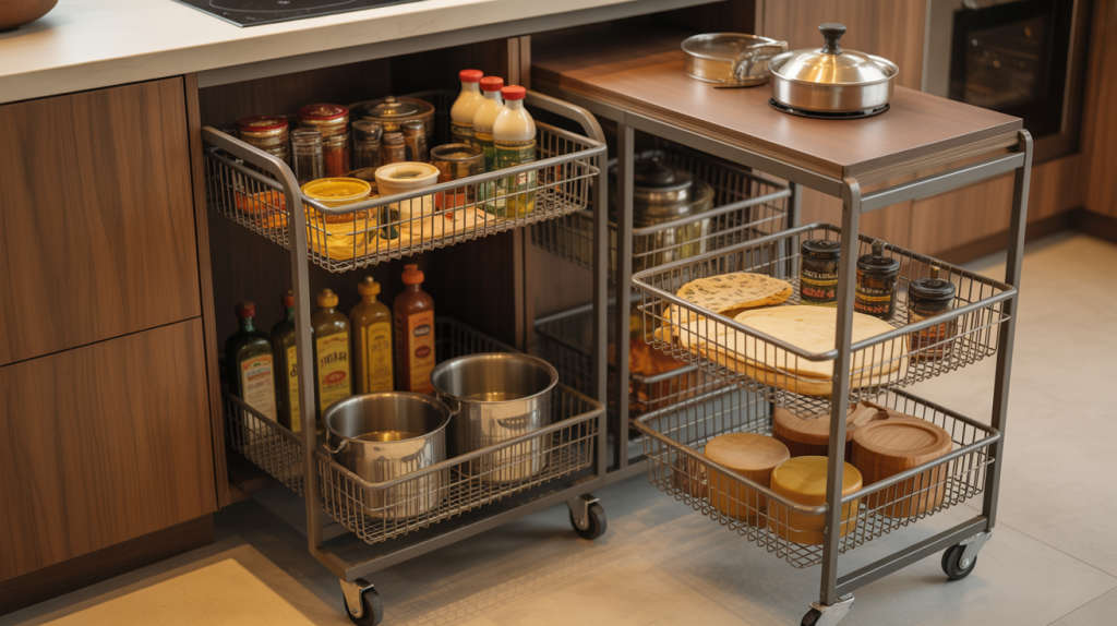 Kitchen trolley designs with pullout baskets wheels and wood top