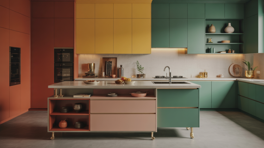 Kitchen trolley design colour with bold tones and stylish built-in island drawers