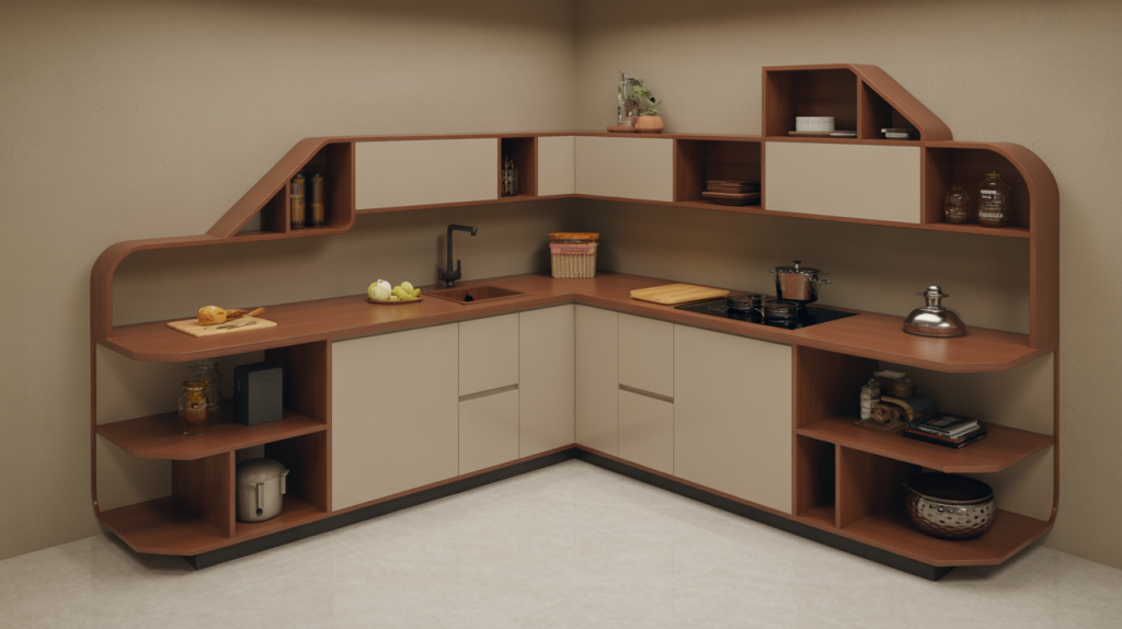L shape kitchen trolley design with curved storage and sleek modular shelving