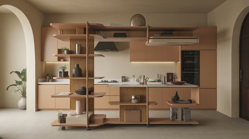 Stylish kitchen trolley designs with open display shelves and built-in island for modern Indian homes