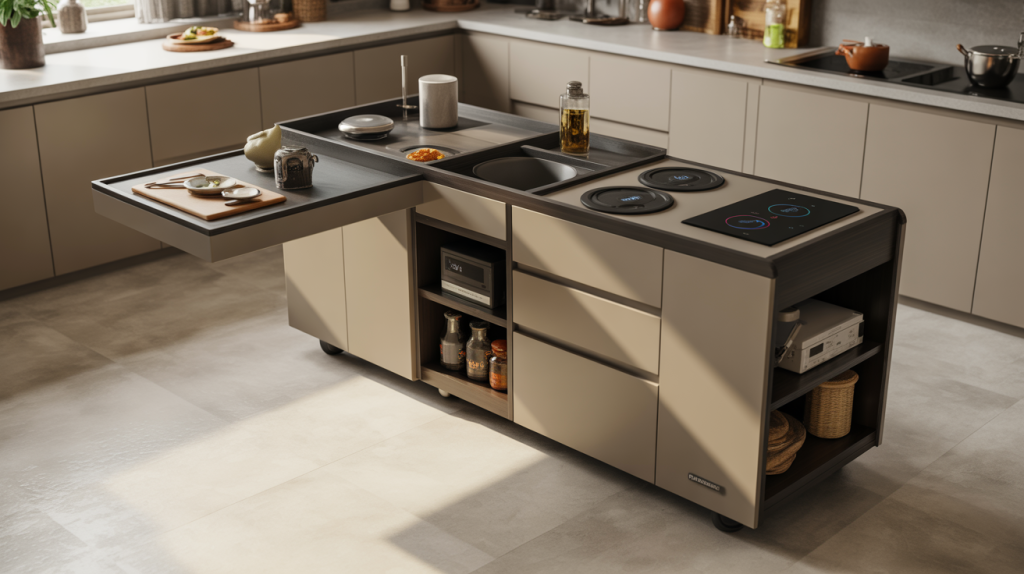 New kitchen trolley design with fold-out prep board and built-in induction cooktop