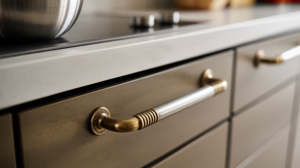 Modular kitchen trolley handle design with a brushed brass and steel finish grip