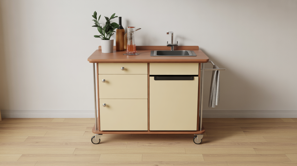 Small kitchen trolley design with built-in sink and towel rail for compact spaces
