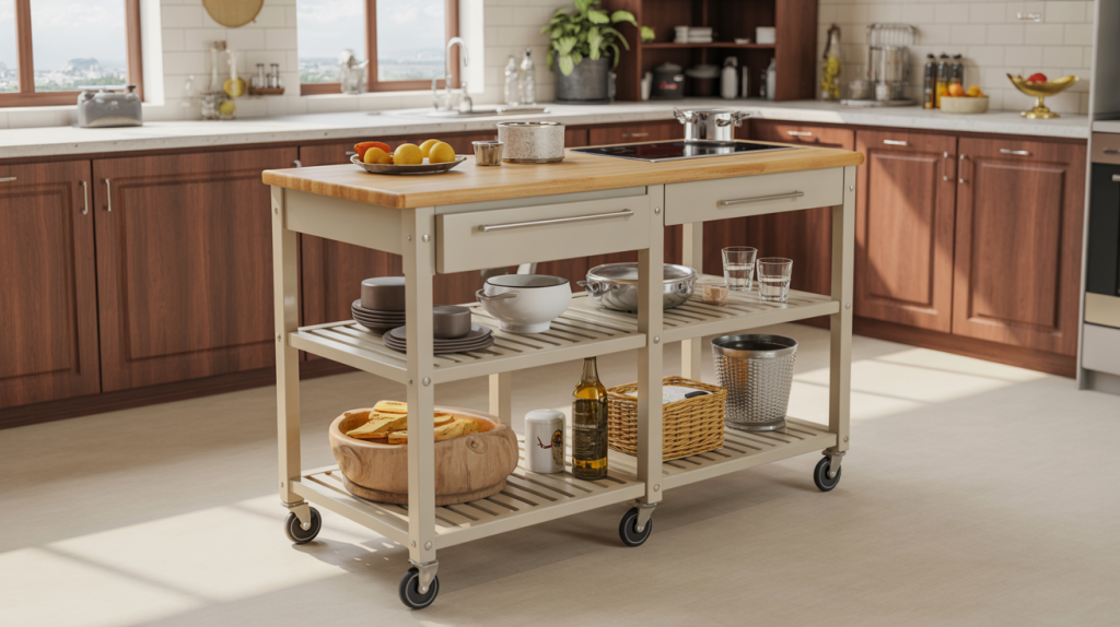 Chic small kitchen trolley design with airy open frame and dual storage layers