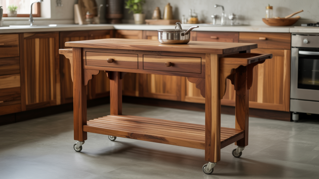 Traditional wooden kitchen trolley design with drawers and elegant detailing 