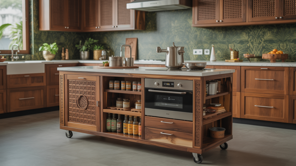 Wooden kitchen trolley design with carved panels and built-in oven in a classic setup