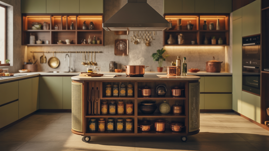 Modern kitchen trolley design with open spice racks and copper utensils on wheels