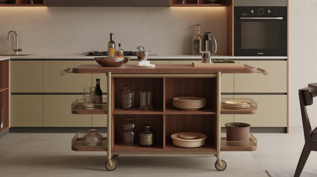 Modern kitchen trolley latest design with open wood shelves and rounded pullout trays