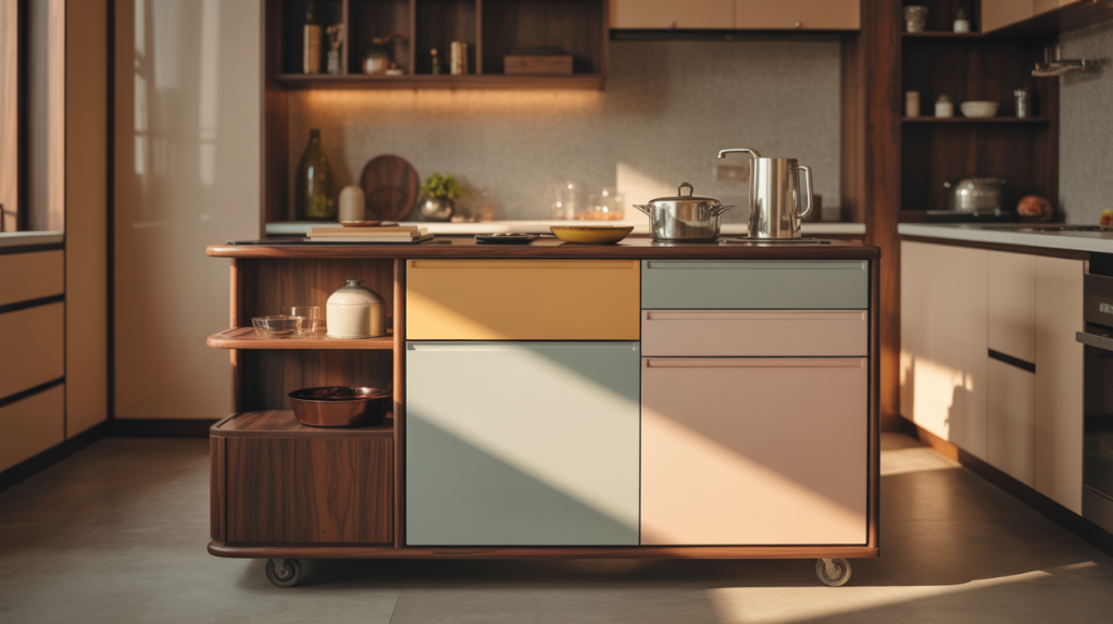 Kitchen trolley design with pastel drawers and curved wood frame