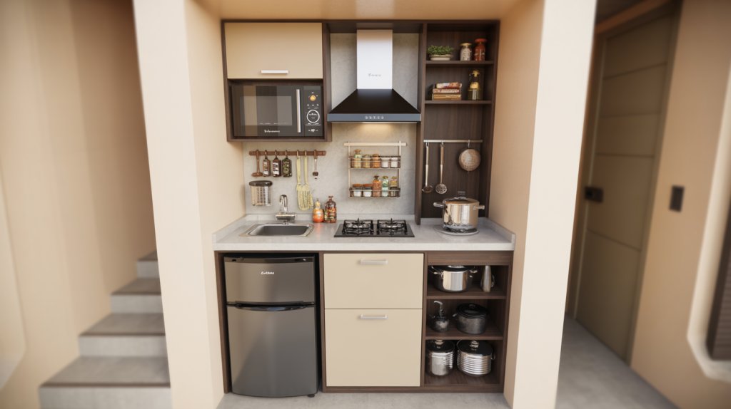 Ultra compact small modular kitchen with mini fridge microwave and smart vertical storage shelves