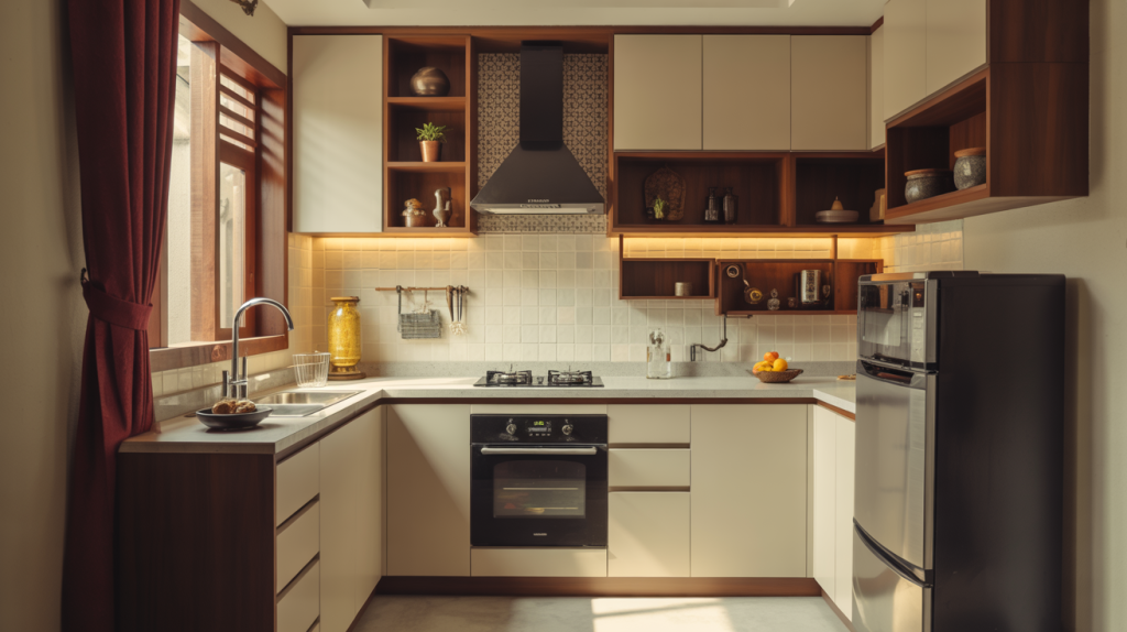 Warm and functional small modular kitchen with smart corner storage and modern open shelf units