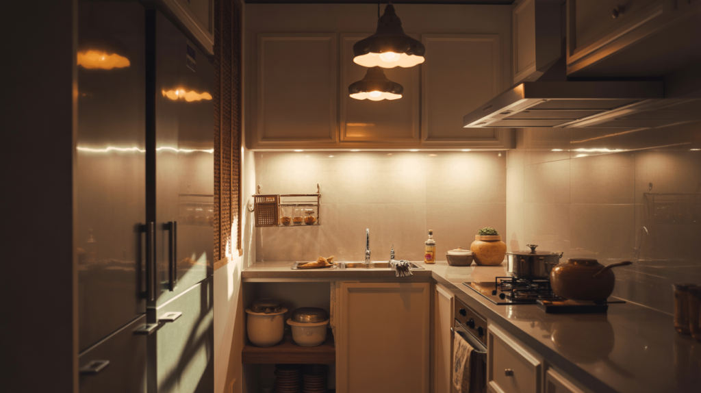 Warm and compact small modular kitchen with soft lighting overhead cabinets and sleek countertop space