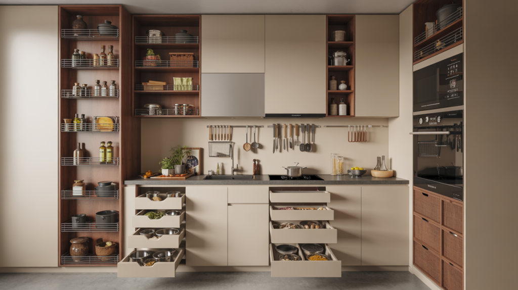 Small modular kitchen with deep pull out drawers tall pantry shelves and built in appliances for storage