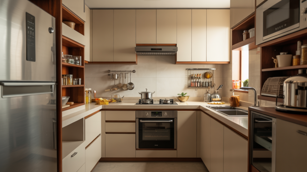 Smart small modular kitchen with tall cabinets built-in oven and efficient U shaped cooking layout