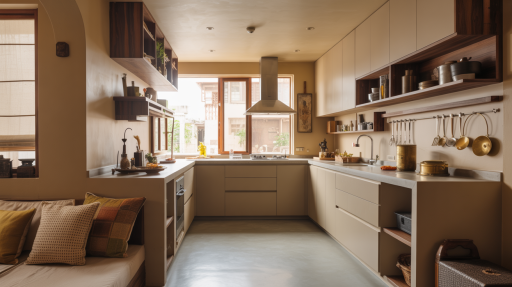 Airy small modular kitchen with natural light open shelves and a functional layout for Indian homes