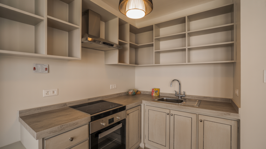 Minimalist small modular kitchen with open shelves L shaped counter and neutral toned wooden cabinets