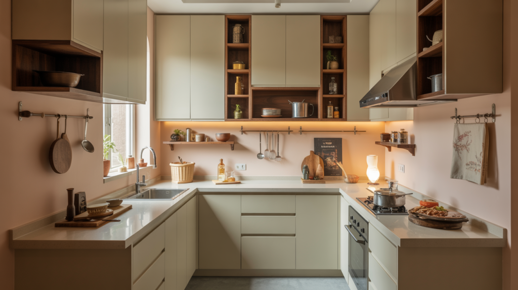 Chic small modular kitchen with pastel walls smart vertical storage and space saving U shaped layout