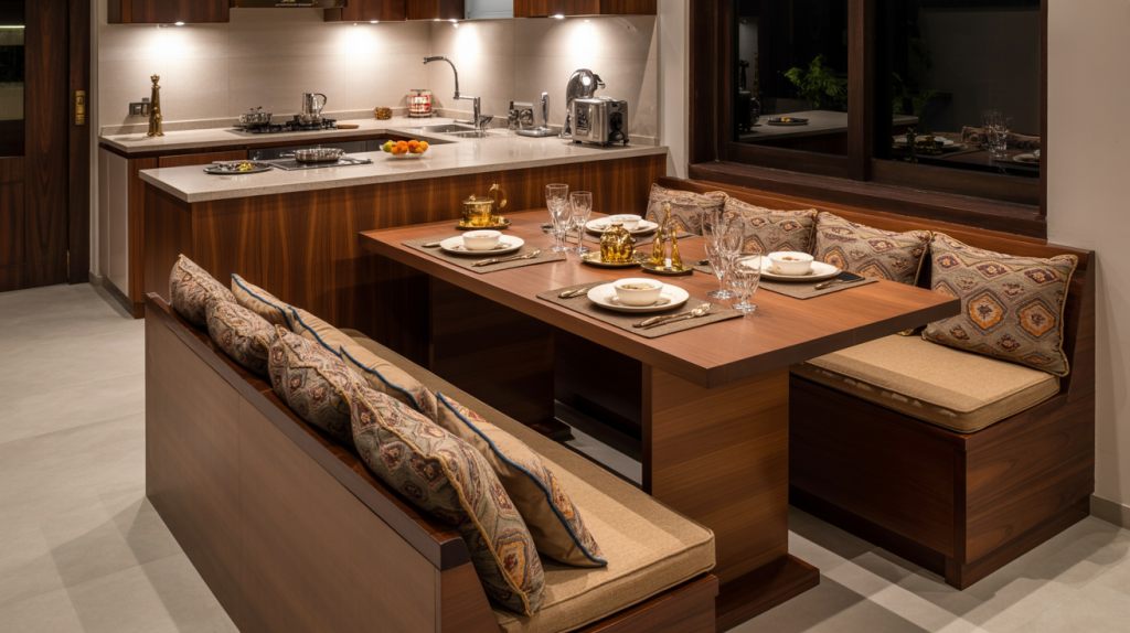 Elegant small modular kitchen with island counter and built in dining bench setup for compact urban homes