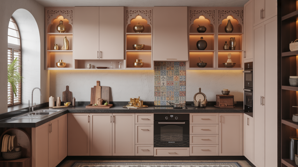 Traditional small modular kitchen with arched display shelves pastel cabinets and colourful tile backsplash