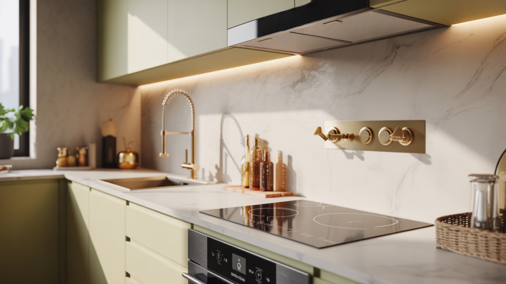 Modern small modular kitchen with pastel green cabinets gold fixtures and sleek marble backsplash