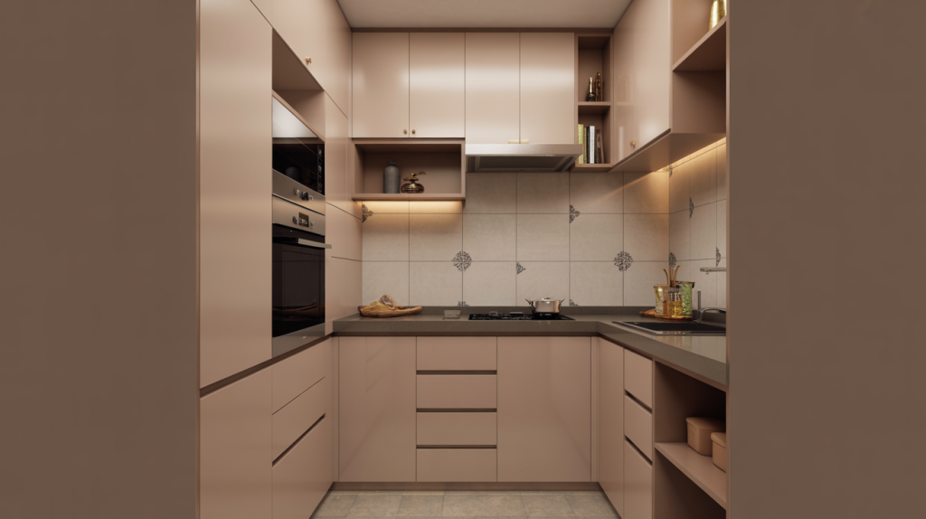 Compact small modular kitchen with glossy cabinets built in appliances and space saving corner layout
