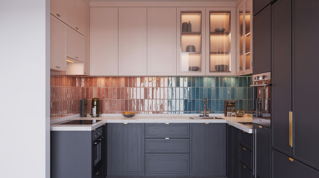 Stylish small modular kitchen with two tone cabinets designer backsplash and elegant glass display units