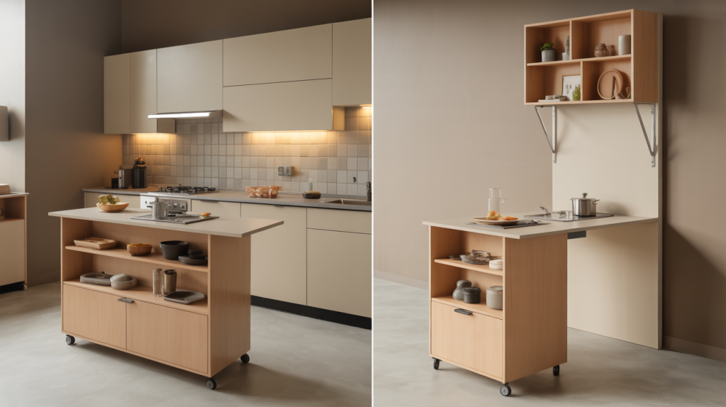 Versatile small modular kitchen with movable island counter and foldable cooking station for compact homes
