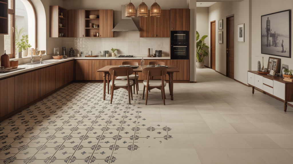 Contemporary kitchen tile designs with custom patterned floor layout
