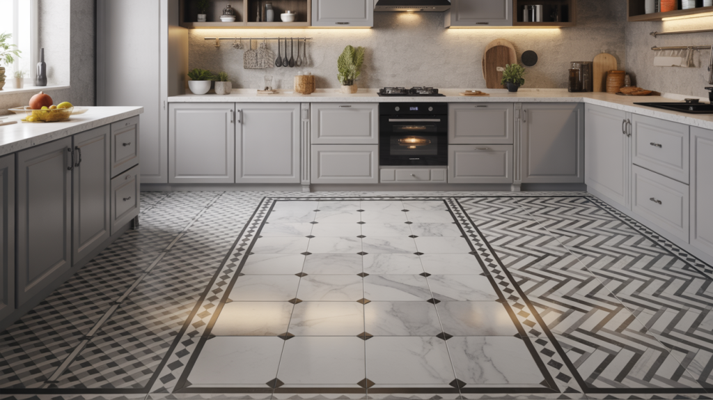 Minimalist kitchen tile design combining stone and geometric style