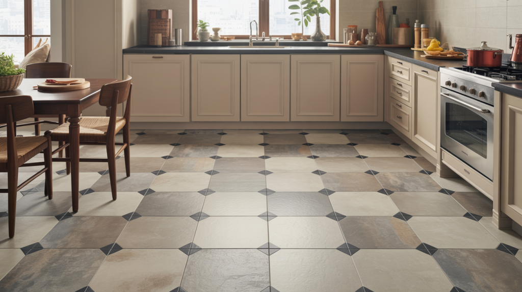Best modern kitchen tiles design using geometric stone finish floor tiles