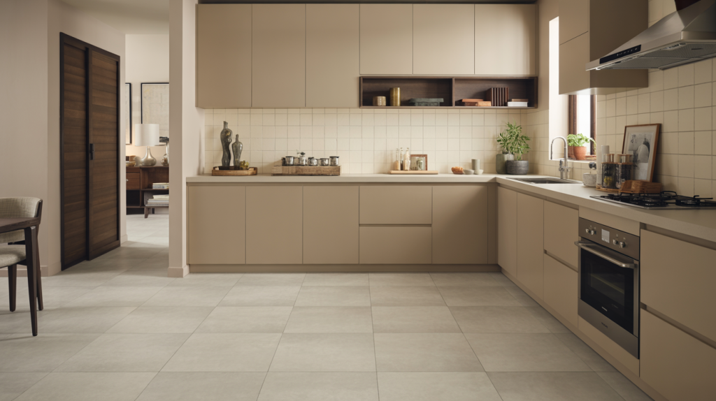 Modern kitchen tiles design with simple matte ceramic backsplash look