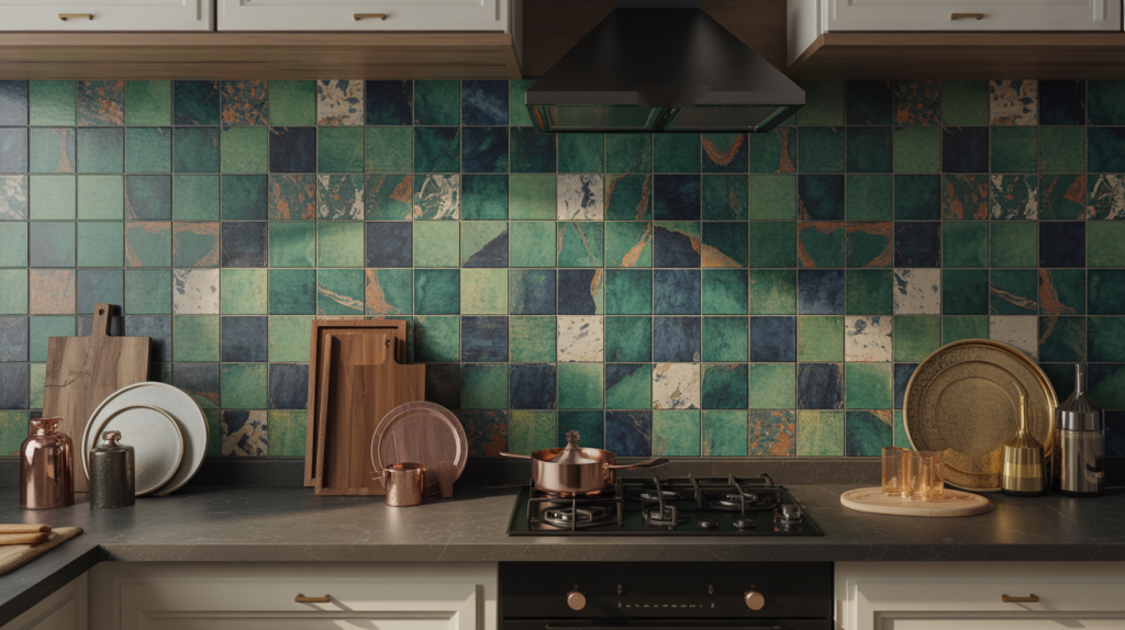Stylish modern kitchen tiles design with green and blue square tiles