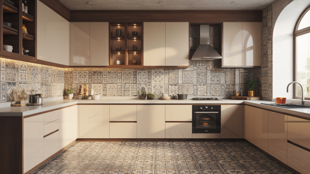 Modern kitchen tiles design with patterned wall and floor tiles 