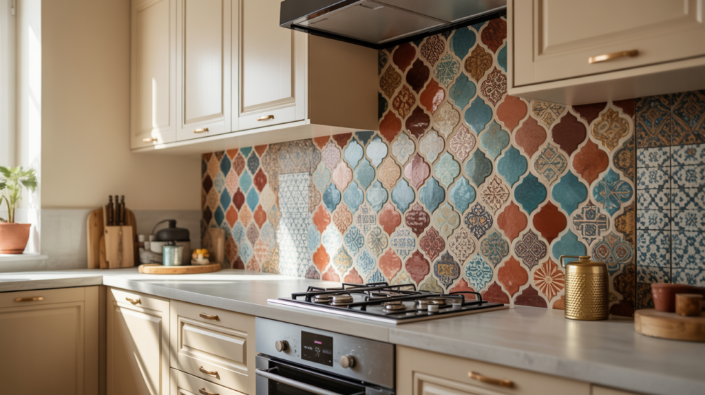 Simple modern kitchen tiles design featuring multicolor patterned wall tiles