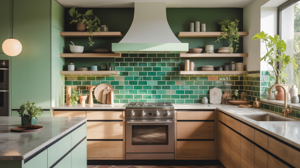 Stylish kitchen tile designs using green subway tiles and wood finish