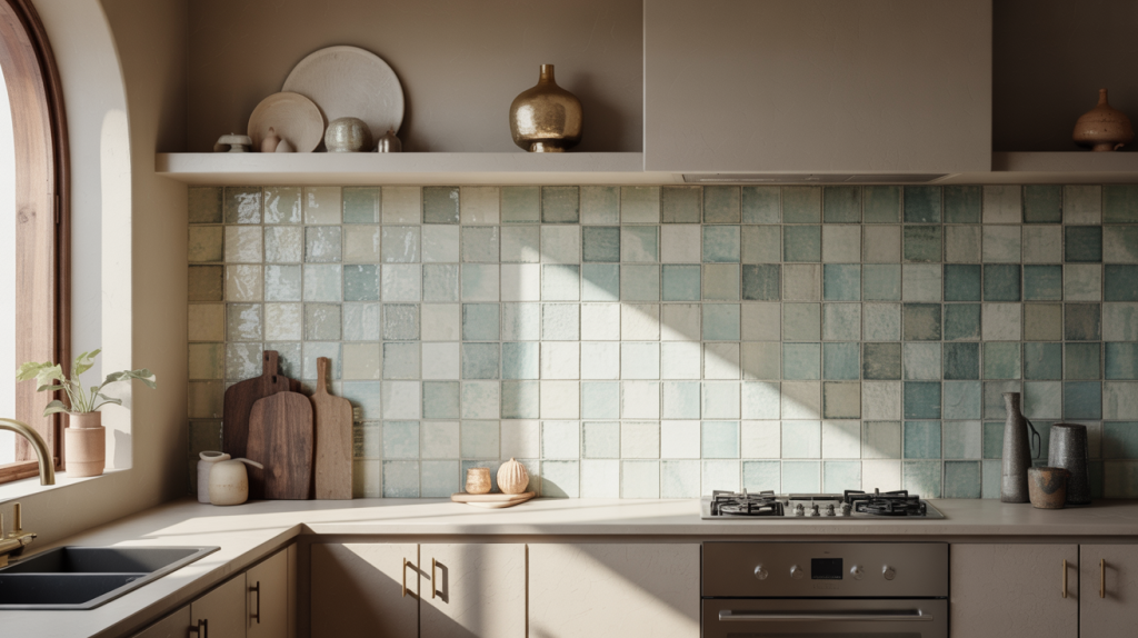Stylish modern kitchen tiles design with vintage glazed square tile layout