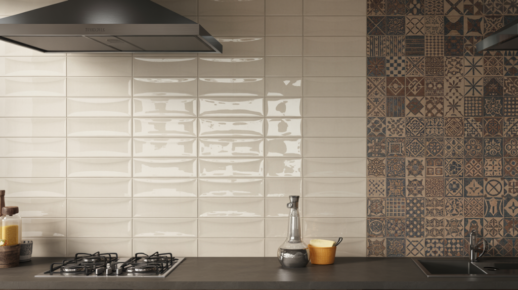 Modern kitchen tiles design with glossy and patterned wall tiles