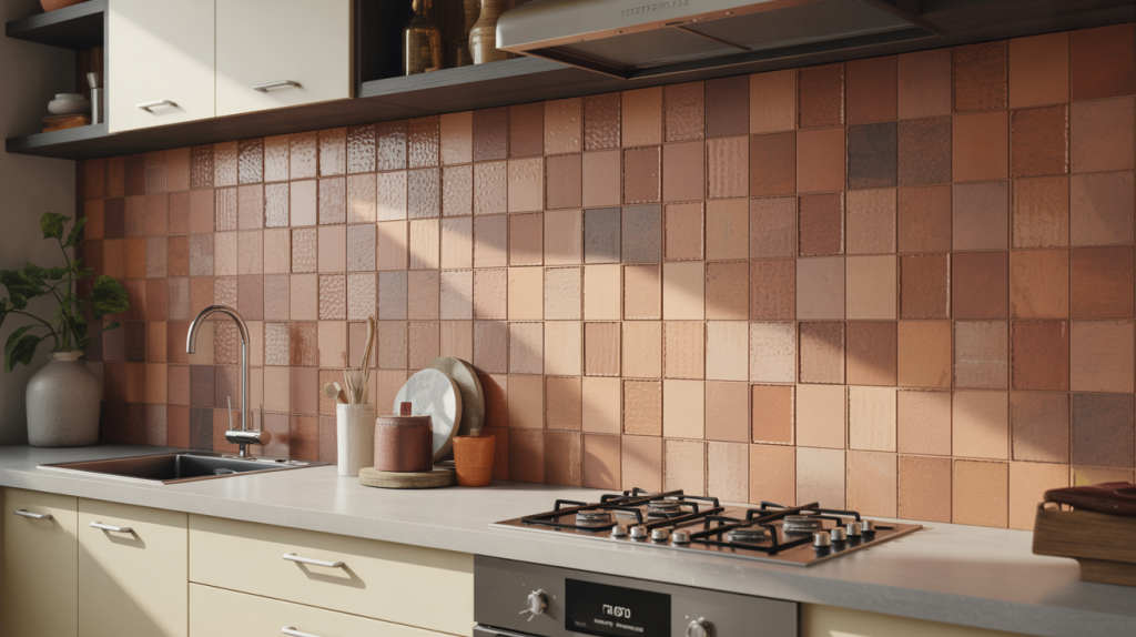 Modern kitchen tiles design with terracotta square backsplash layout