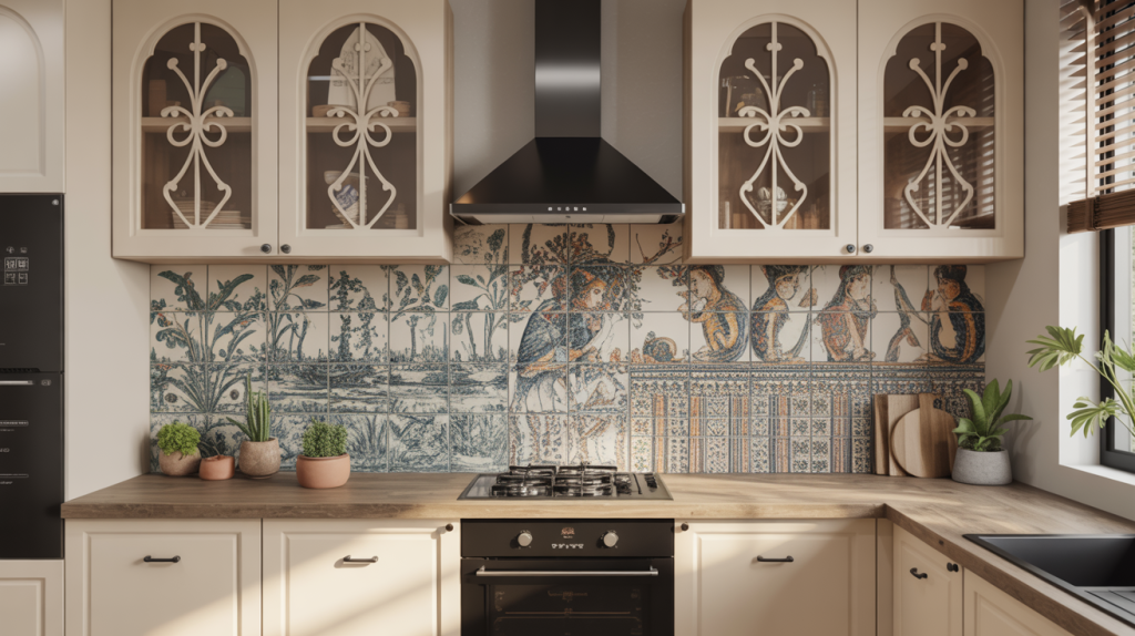 Glossy modern kitchen tiles design with artistic wall mural tile layout