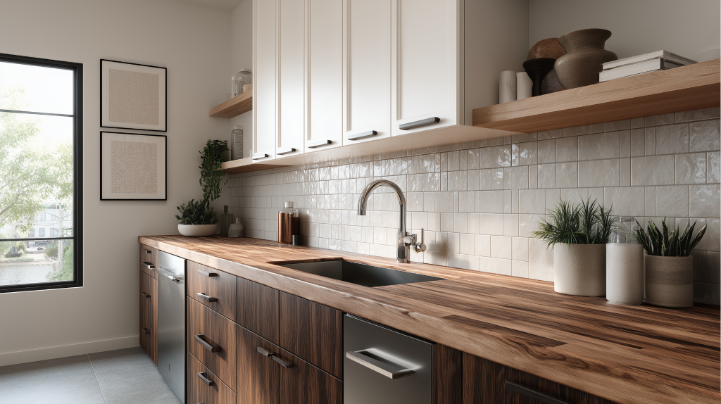 Contemporary kitchen tile designs using glossy square backsplash tiles
