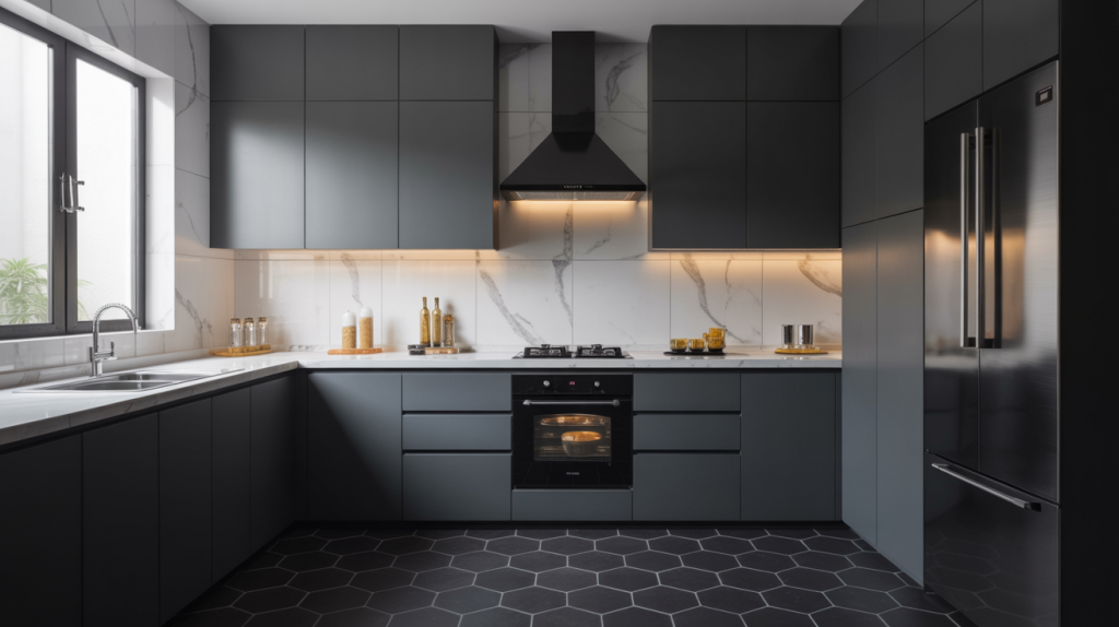 Latest kitchen tiles design using hexagonal modular floor layout