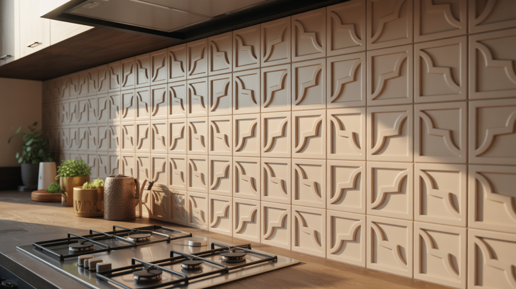 Luxury modern kitchen tiles design with beige 3d patterned wall tiles