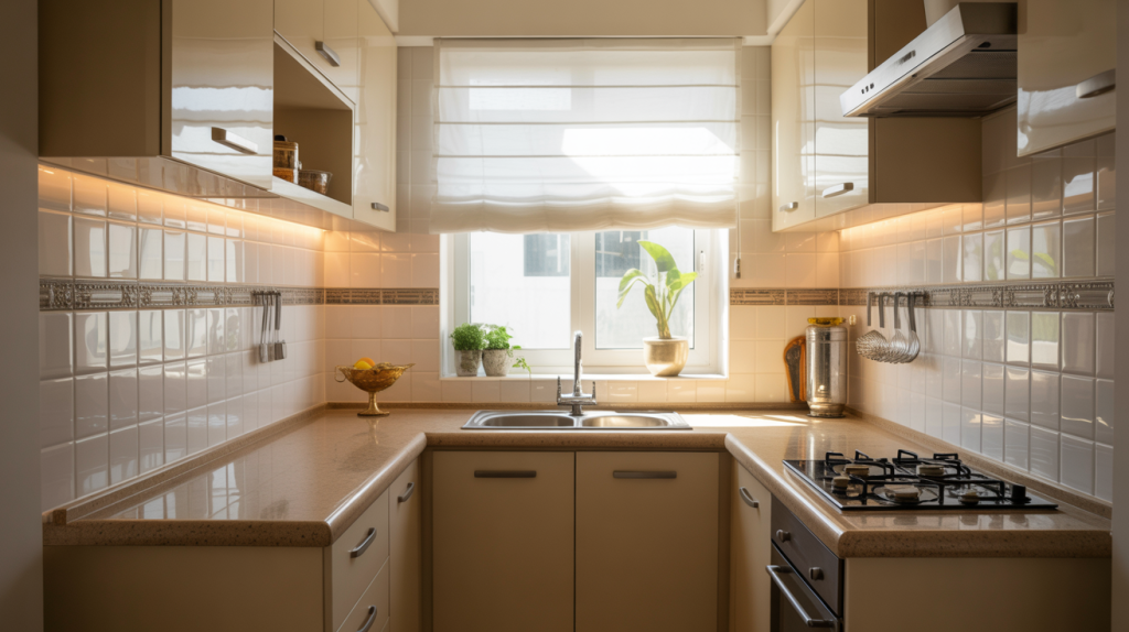 Small modern kitchen tiles design featuring compact u shaped kitchen layout