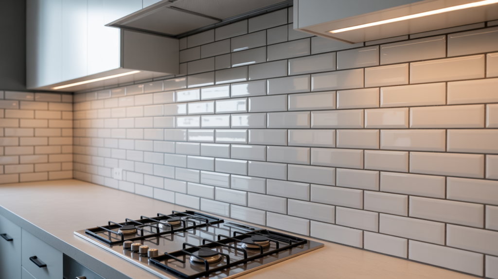 Small modern kitchen tiles design with glossy neutral backsplash tiles
