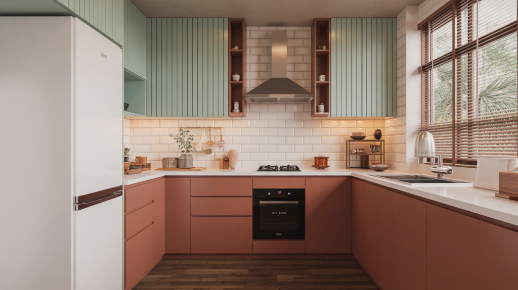 Latest modern kitchen tiles design using bold modular pastel color cabinets
