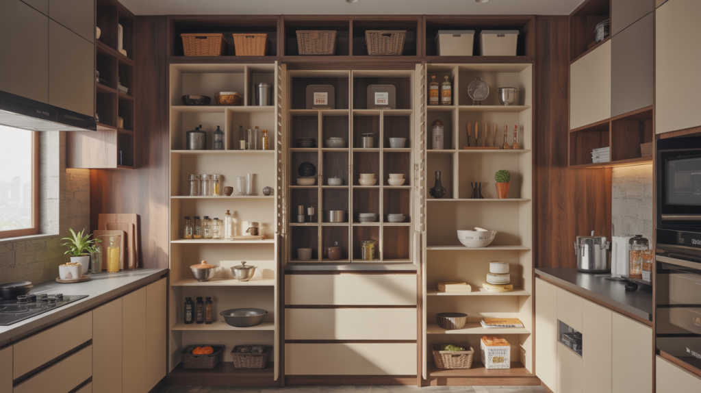 Organized kitchen wardrobe design with open shelves and storage compartments